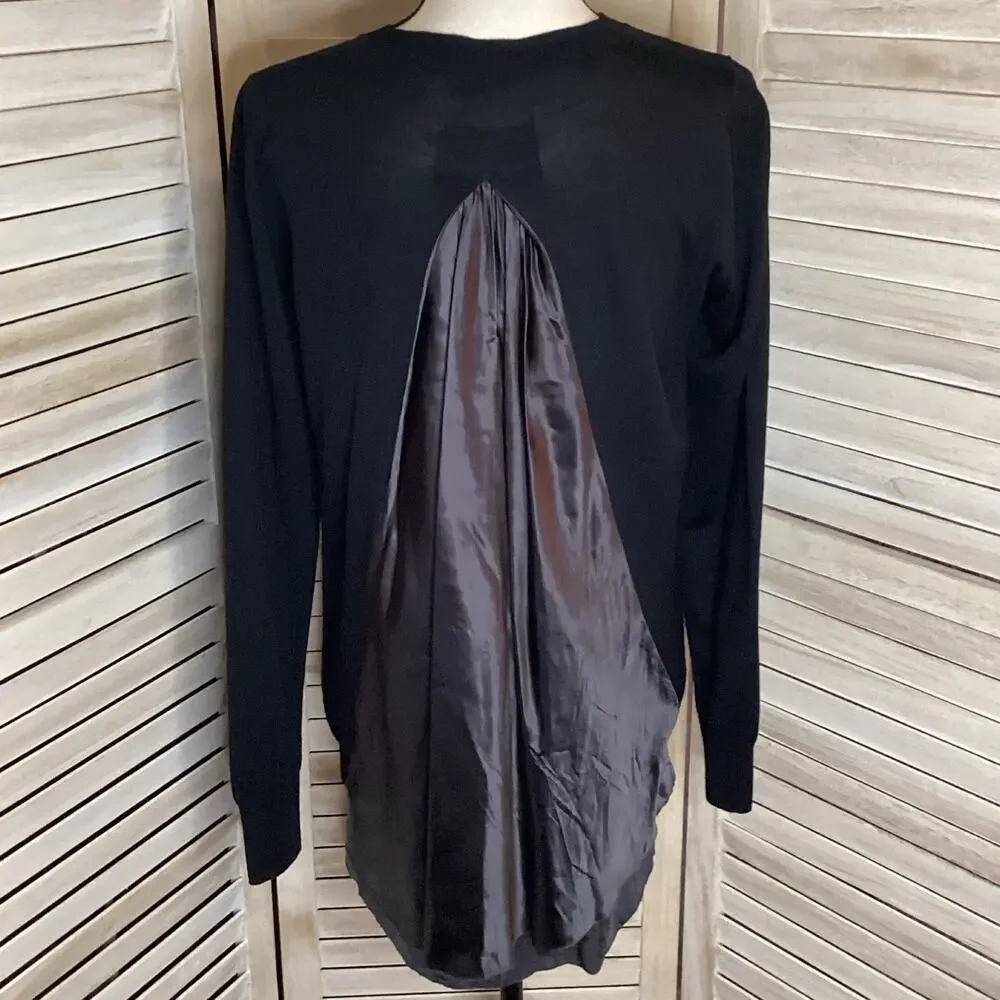 Sacai Satin Panel Back Fine Gauge Knit 100% Wool Cardigan Black S FLAW